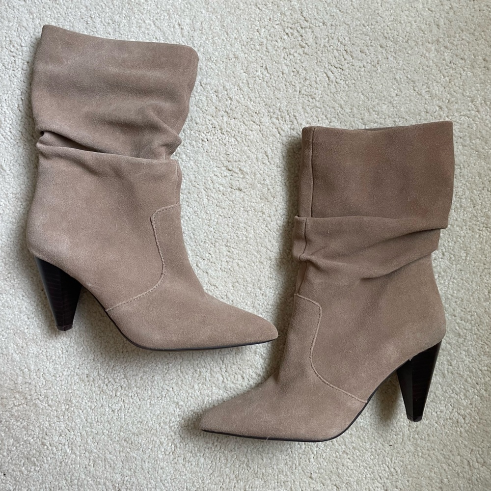 Kenzie light tan suede slouch mid shaft boots.